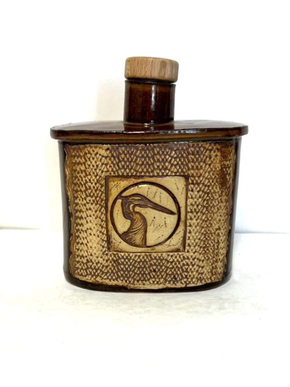 Icy Road Clay Pottery Stoneware Flask Pelican Wood Cork Stopper Artist Stamped